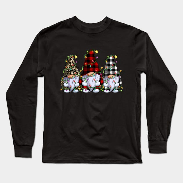 Three Leopard Buffalo Plaid Red Gnomes Christmas Lights Long Sleeve T-Shirt by Magazine